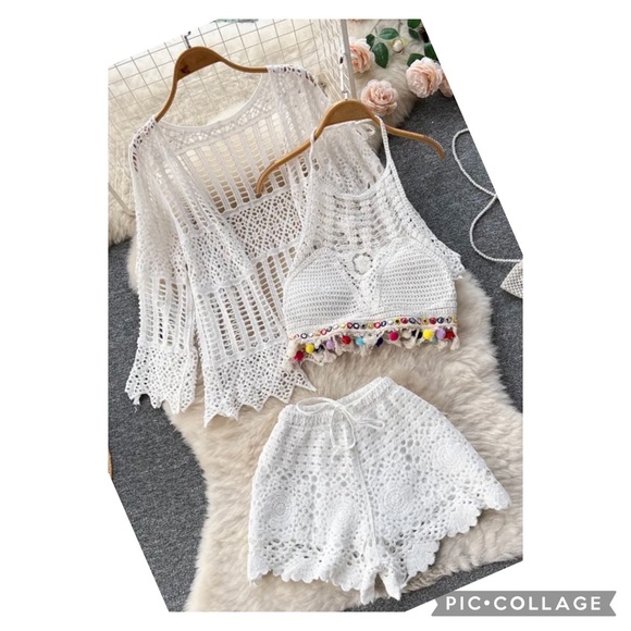 NW 3 pieces knitted embroidered Set, cardigan, bra & shorts beach Set,Vacations - Picture 1 of 13